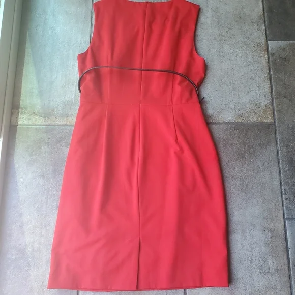 Calvin Klein Red Sheath Dress Slit Ruffle Black Belt Preppy Work Classic  Office - Picture 2 of 11